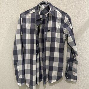 American Eagle Men's Gray White Athletic Fit Checked Shirt Size X-Small